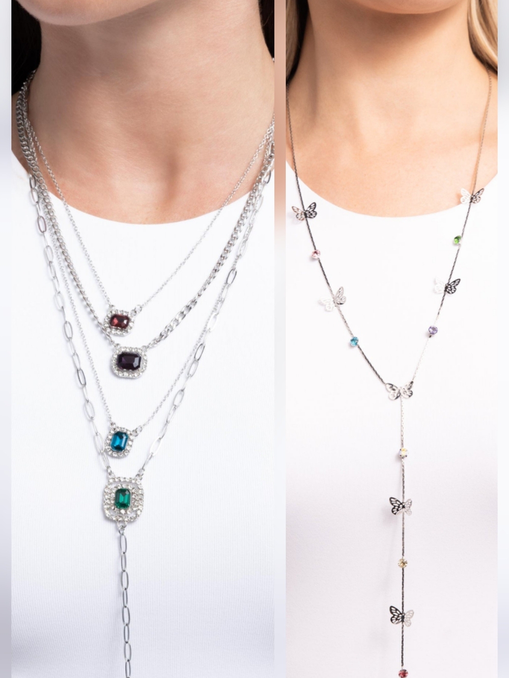 paparazzi Layered Silver Necklace Set with Multicolor Gemstones